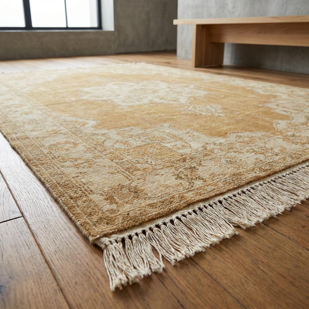 Hand knotted Oushak rug in neutral beige with vintage medallion design and soft wool texture