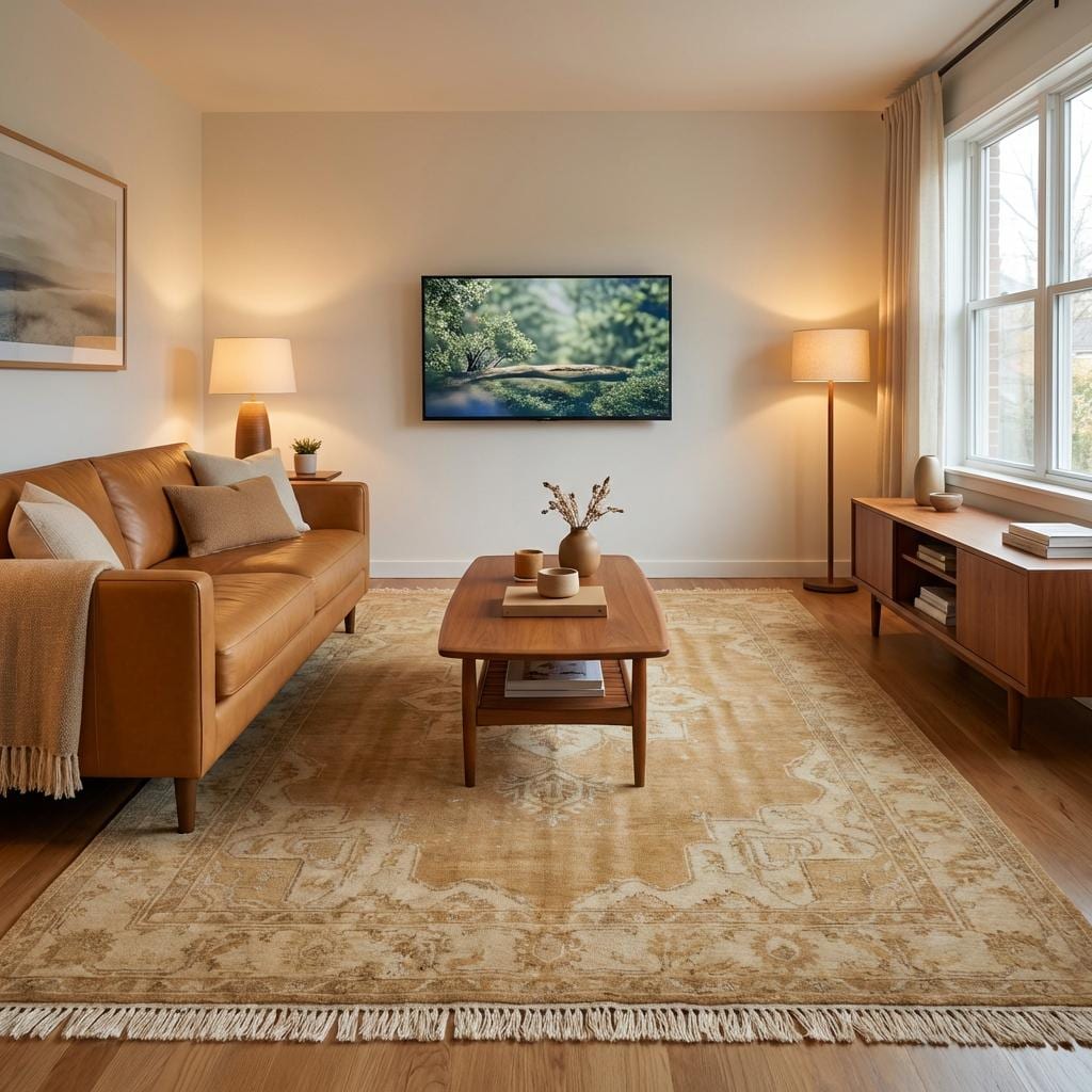 Hand knotted Oushak rug in neutral beige with vintage medallion wool design and traditional fringe