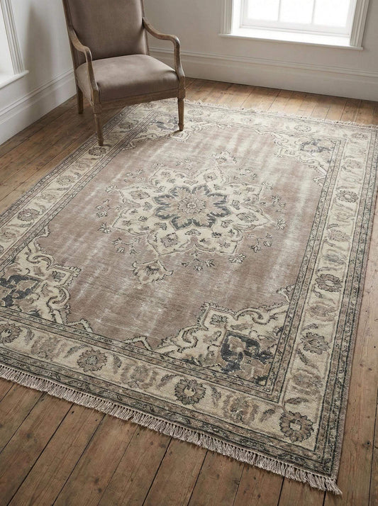 Hand knotted Oushak rug in neutral beige and taupe wool with vintage Persian design