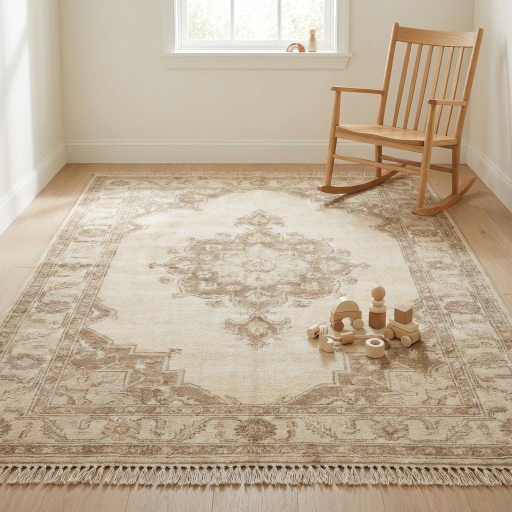 Hand Knotted Oushak Rug Neutral Wool Area Rug Vintage Persian Style Living Room Carpet Handmade Beige Medallion Rug