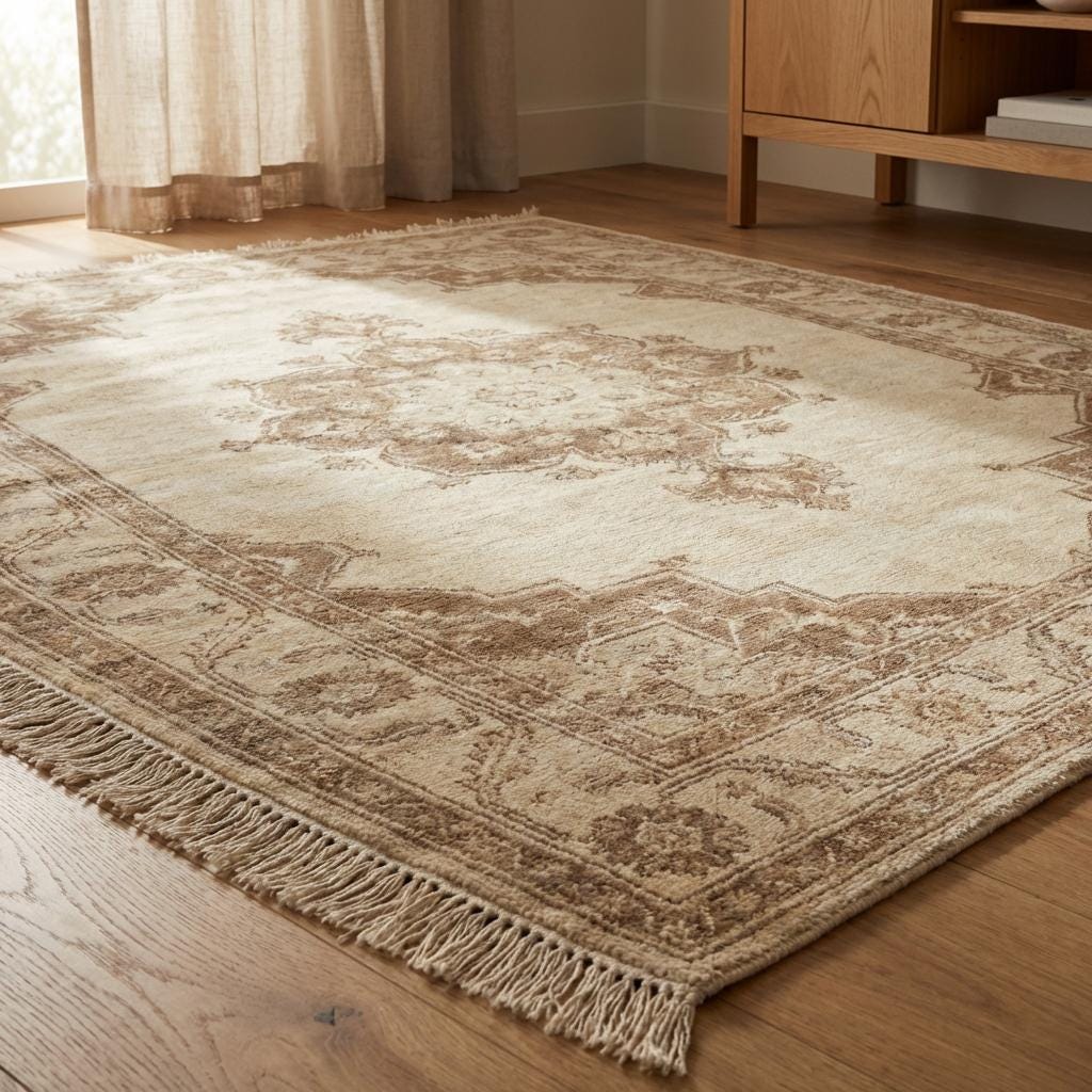 Hand Knotted Oushak Rug Neutral Wool Area Rug Vintage Persian Style Living Room Carpet Handmade Beige Medallion Rug