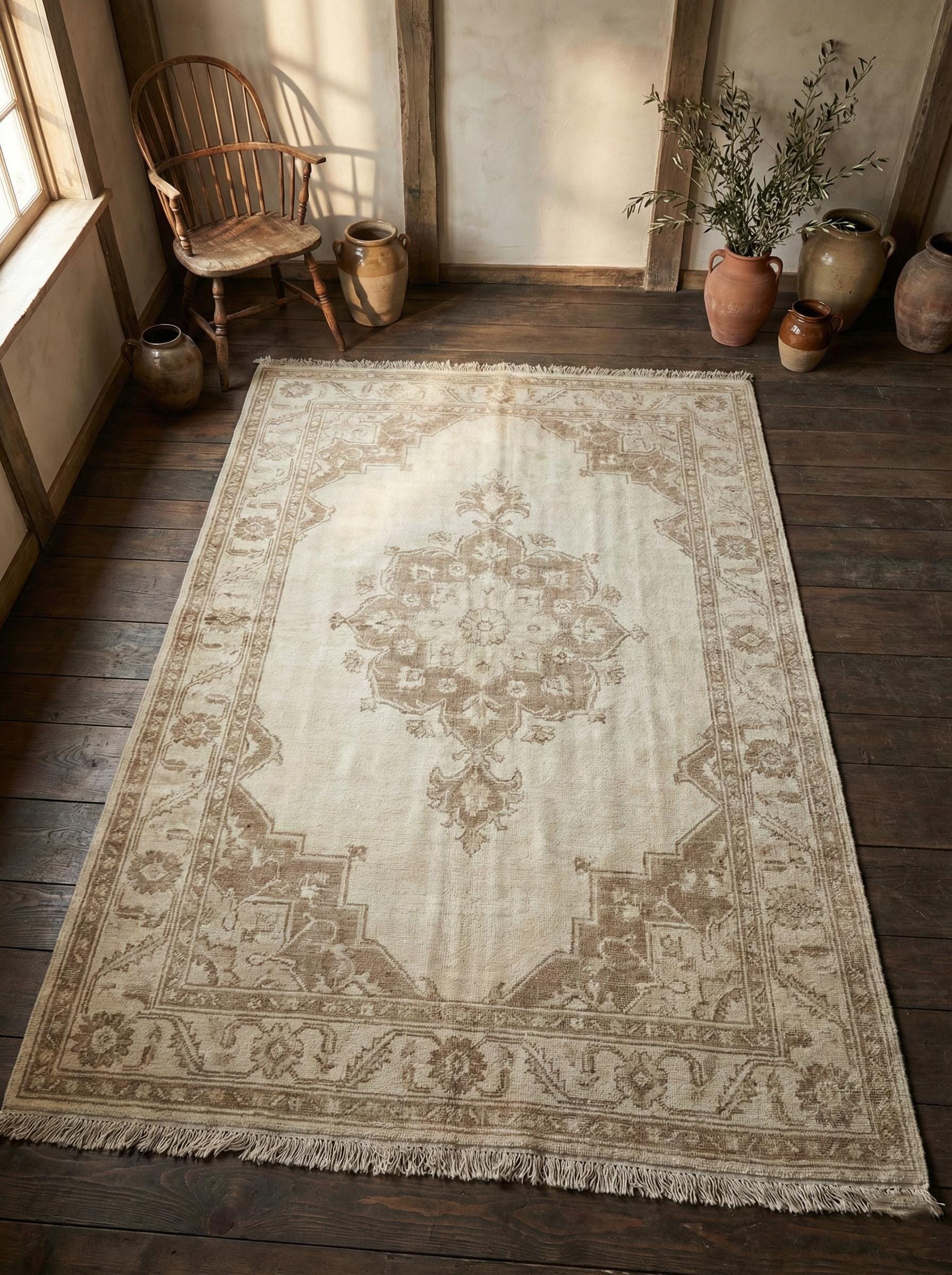 Hand knotted Oushak rug in neutral beige with vintage Persian medallion design, handmade wool area rug for living room