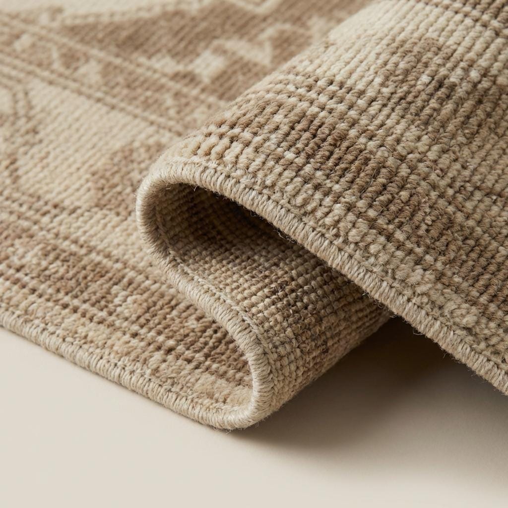 Close-up of hand knotted wool pile showing natural fiber texture, individual knot structure, and soft muted antique dye tones.