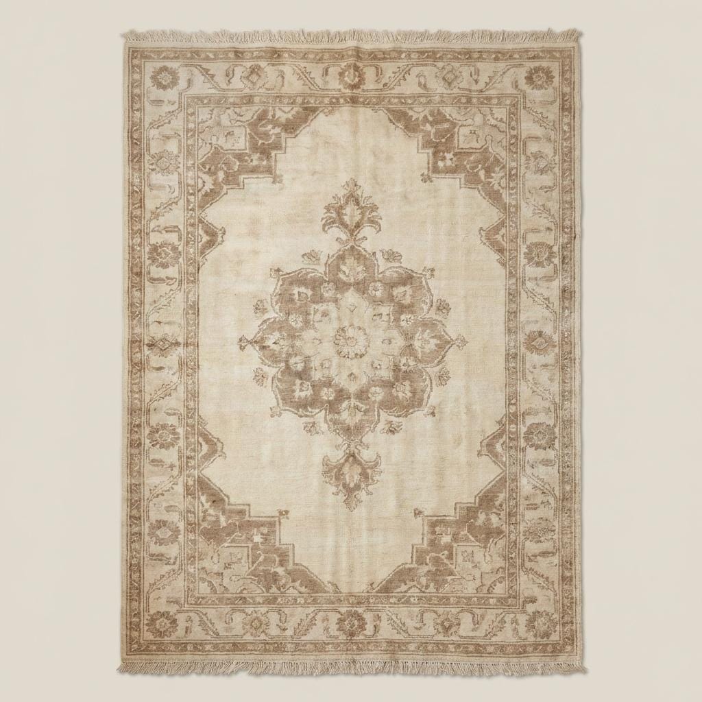 Traditional neutral beige handmade wool area rug with floral border and central medallion placed on dark wooden floor.