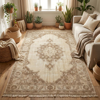 Vintage style Oushak rug in calming ivory tones designed for living room, bedroom, or elegant neutral interior décor.