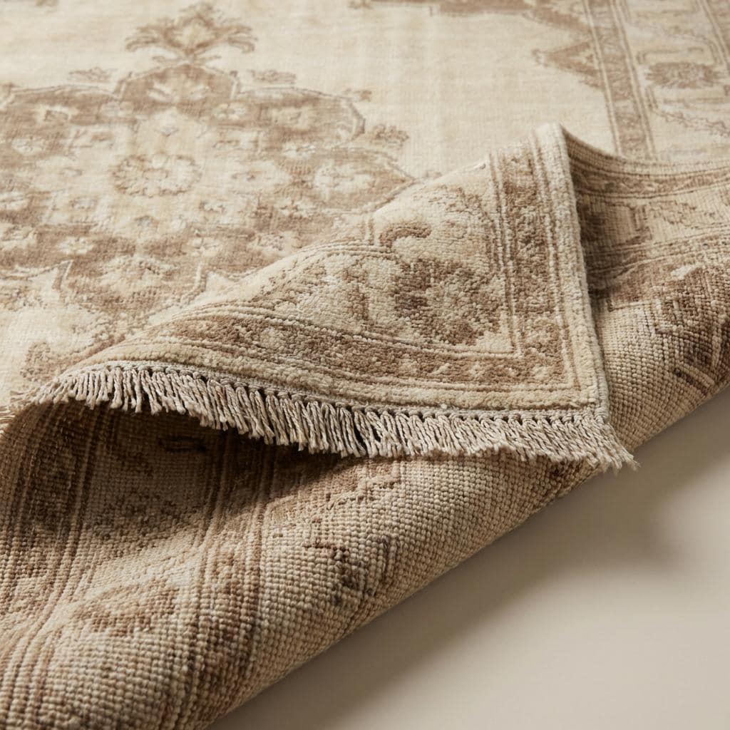 Hand Knotted Oushak Rug Neutral Wool Area Rug Vintage Persian Style Living Room Carpet Handmade Beige Medallion Rug