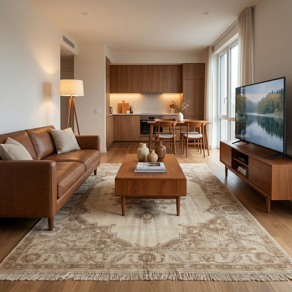 Soft neutral Persian-inspired area rug adding warmth and timeless character to minimalist home styling.