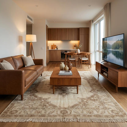Soft neutral Persian-inspired area rug adding warmth and timeless character to minimalist home styling.