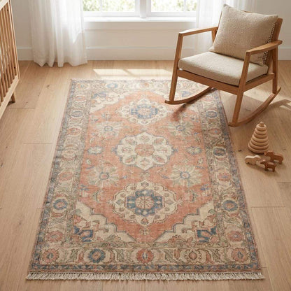 Hand Knotted Oushak Rug, Peach Floral Area Carpet for Living Room, Vintage Turkish Style Handmade Rug __etsy:8051918072