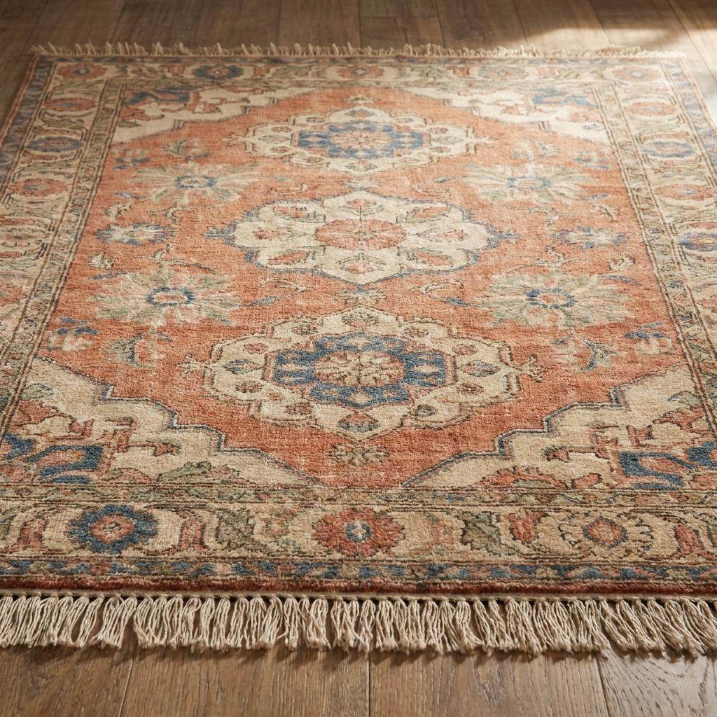 Hand Knotted Oushak Rug, Peach Floral Area Carpet for Living Room, Vintage Turkish Style Handmade Rug __etsy:8051918086