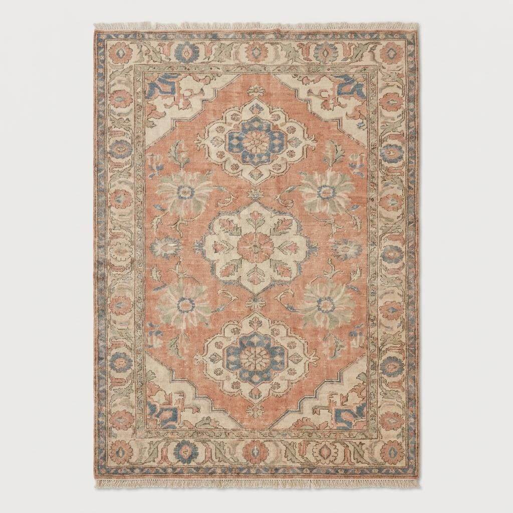 Vintage Turkish style area carpet in peach and ivory tones with faded blue accents and traditional floral border pattern __etsy:8051918012