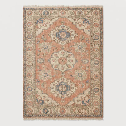 Vintage Turkish style area carpet in peach and ivory tones with faded blue accents and traditional floral border pattern __etsy:8051918012