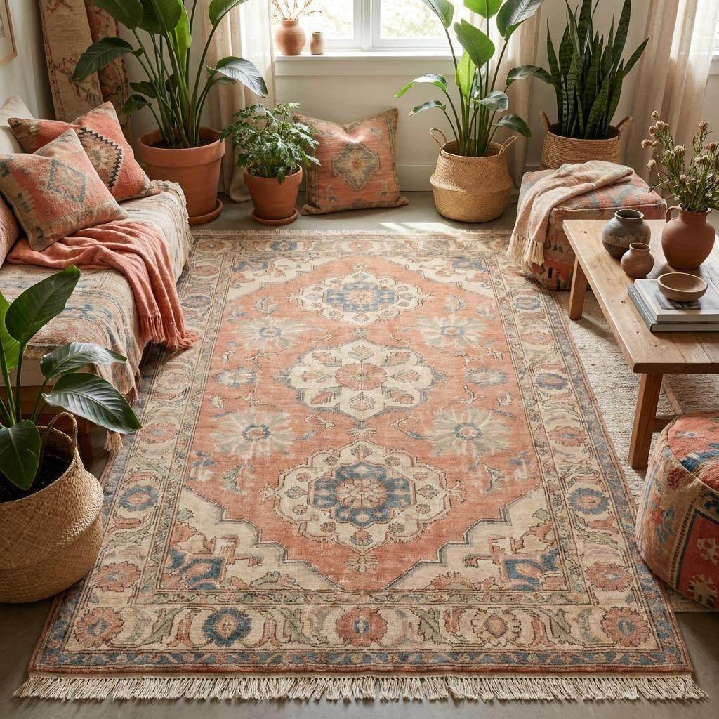 Soft peach Oushak area rug styled in modern neutral interior with warm earthy tones and elegant vintage-inspired detailing __etsy:8051918032