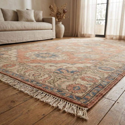 Traditional floral handmade carpet with distressed vintage finish designed for cottagecore and European farmhouse interiors __etsy:8051918018