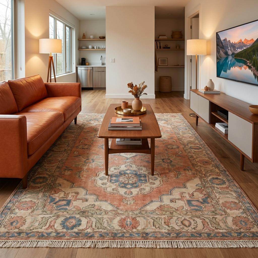 Low pile wool Oushak rug with muted pastel colors ideal for cozy bedroom decor and sophisticated living room styling __etsy:8099831295