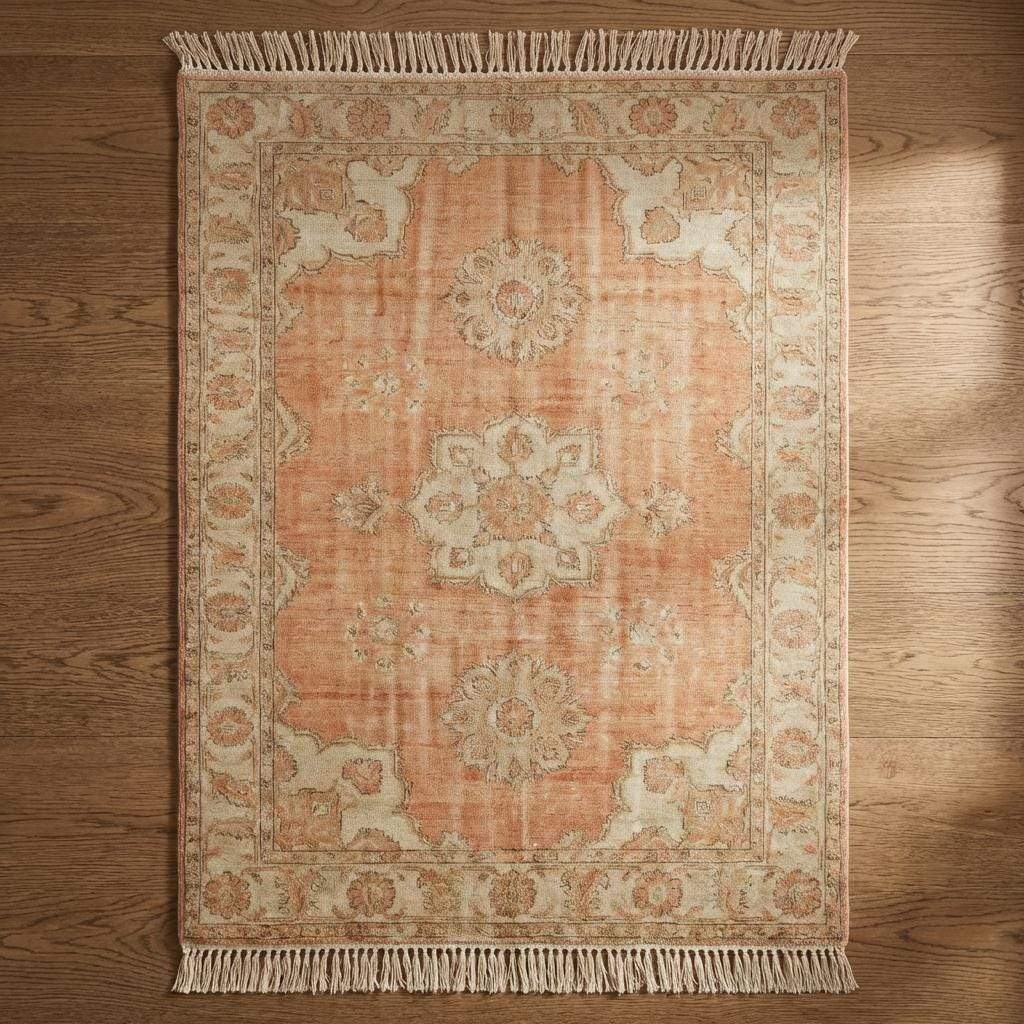 Hand knotted Oushak rug with peach floral medallion and vintage style design