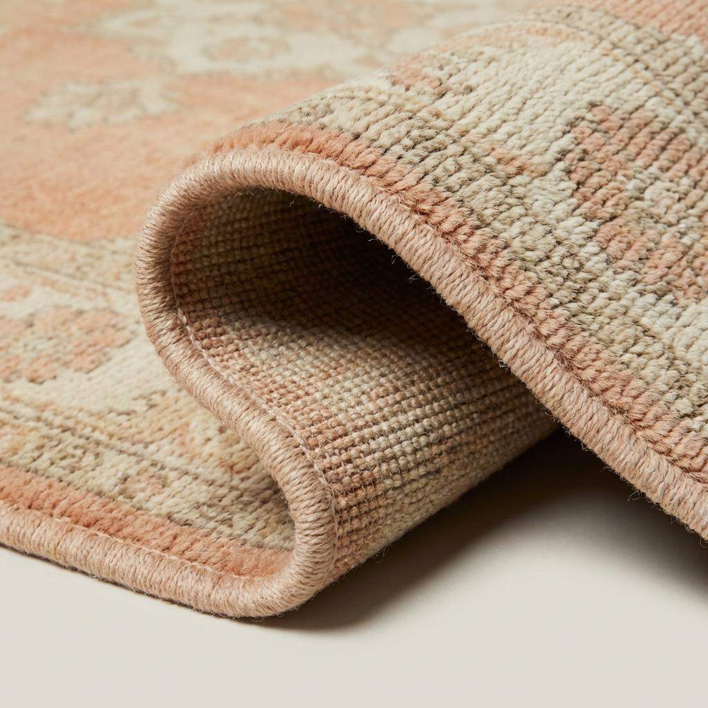 Hand knotted Oushak rug with peach floral medallion and vintage style design
