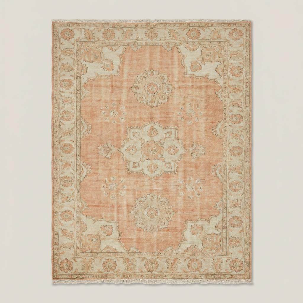 Hand knotted Oushak rug with peach floral medallion and vintage style design