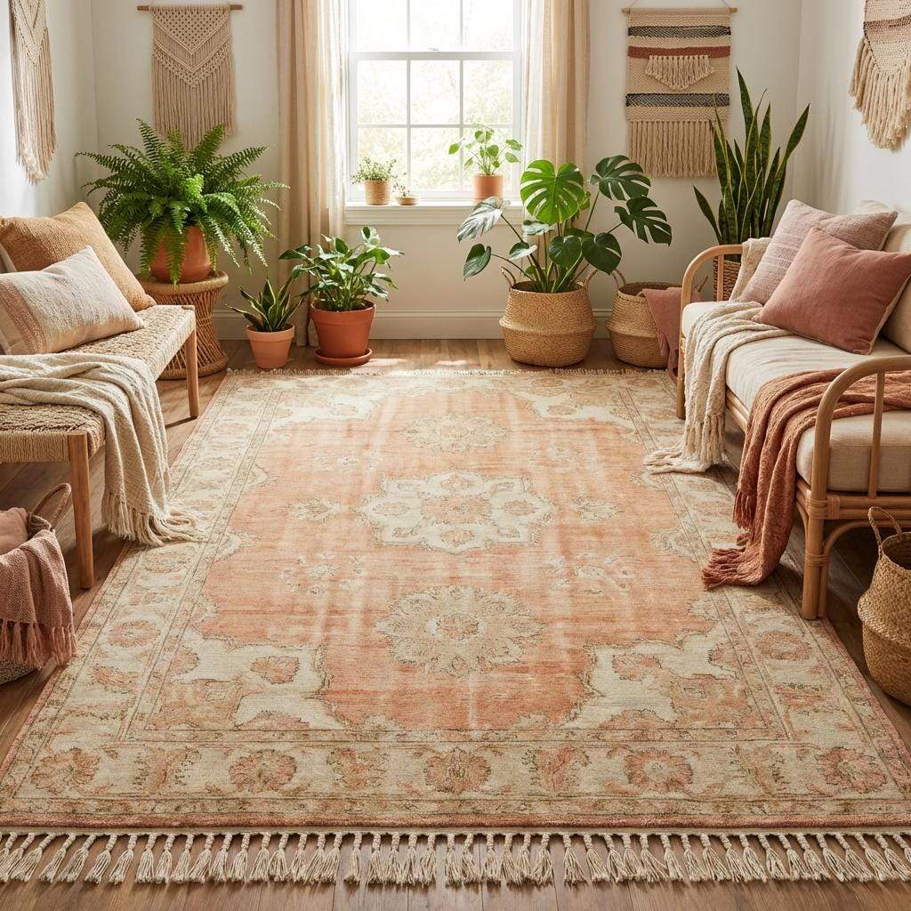 Hand knotted Oushak rug with peach floral medallion and vintage-style design