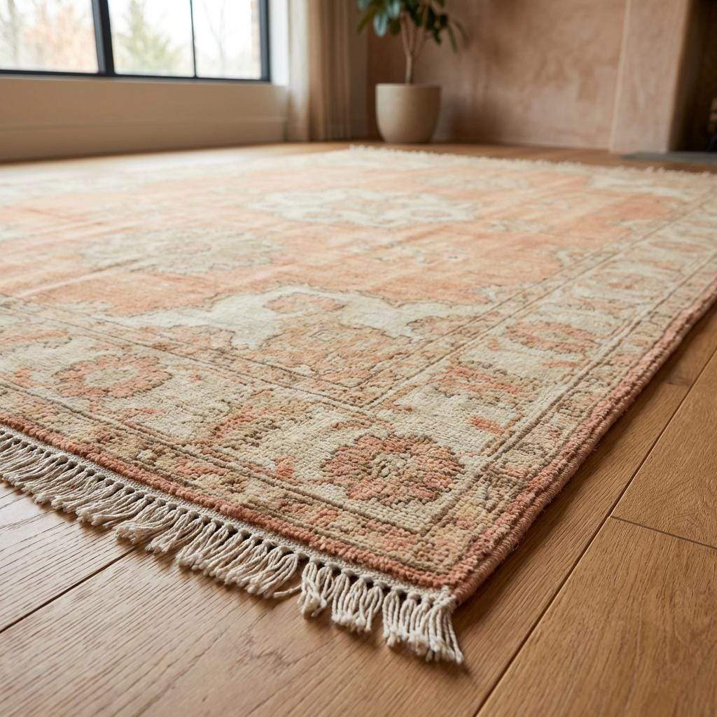 Hand knotted Oushak rug with peach floral medallion and vintage-style fading on natural wool fibers