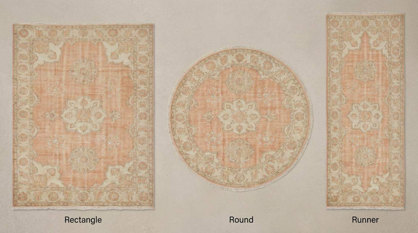 Hand knotted Oushak rug with peach floral medallion and vintage style design on wool fibers