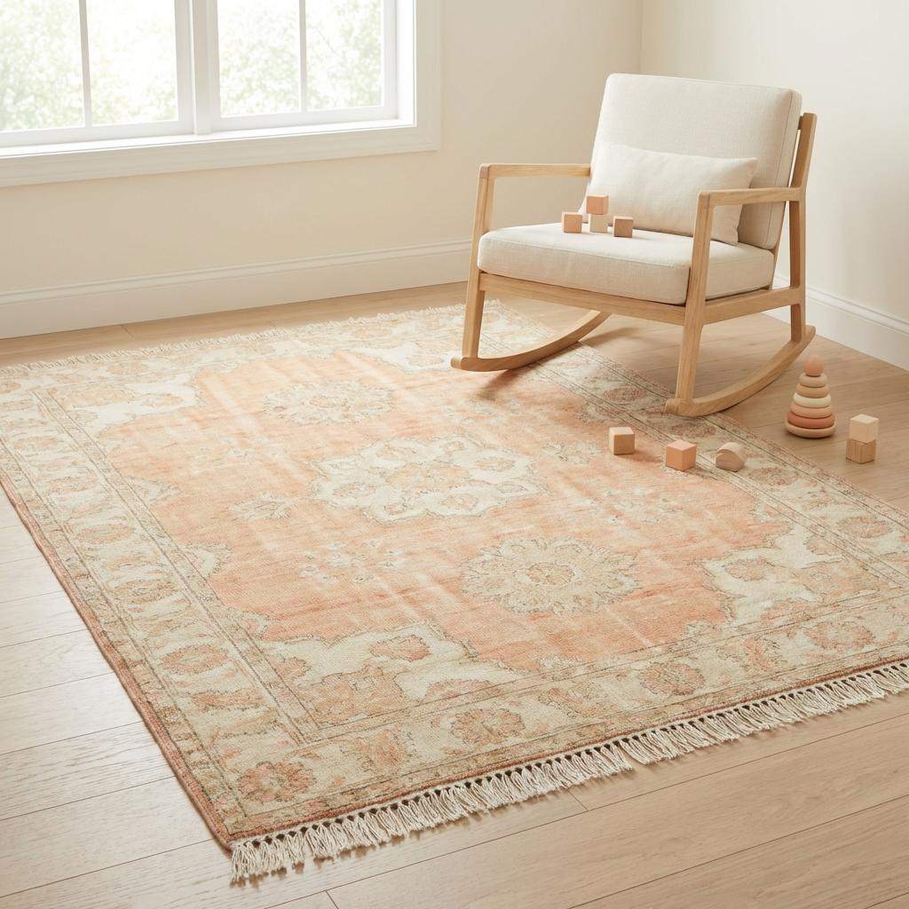 Hand knotted Oushak rug with peach floral medallion and vintage style design