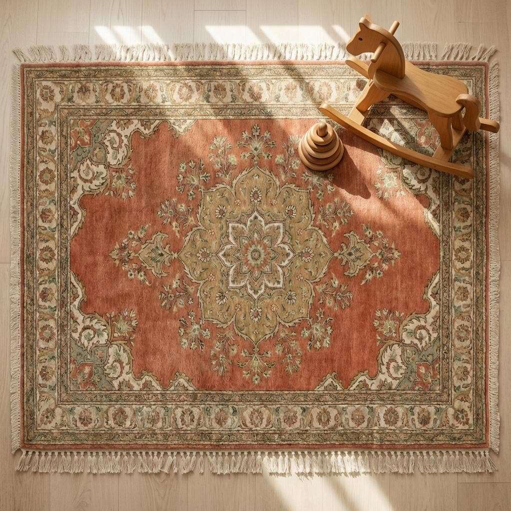 Handmade Oushak rug with floral border design and rich rust background