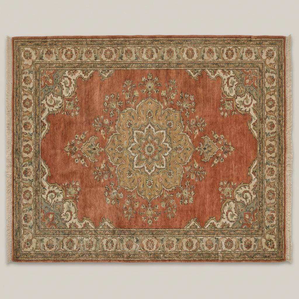Traditional Oushak style hand knotted rug with warm terracotta and sage green tones