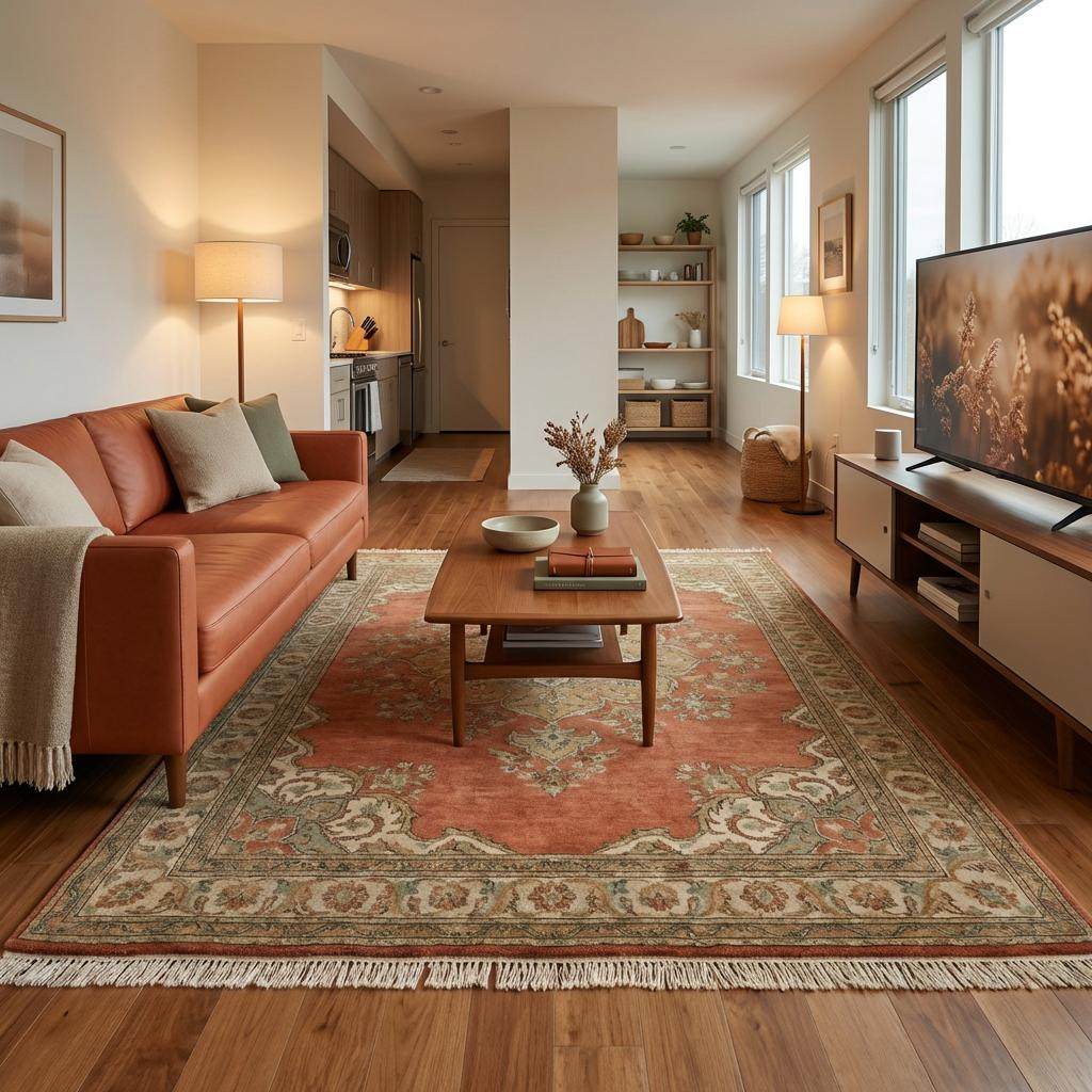Artisan made hand knotted wool rug styled in a rustic European interior