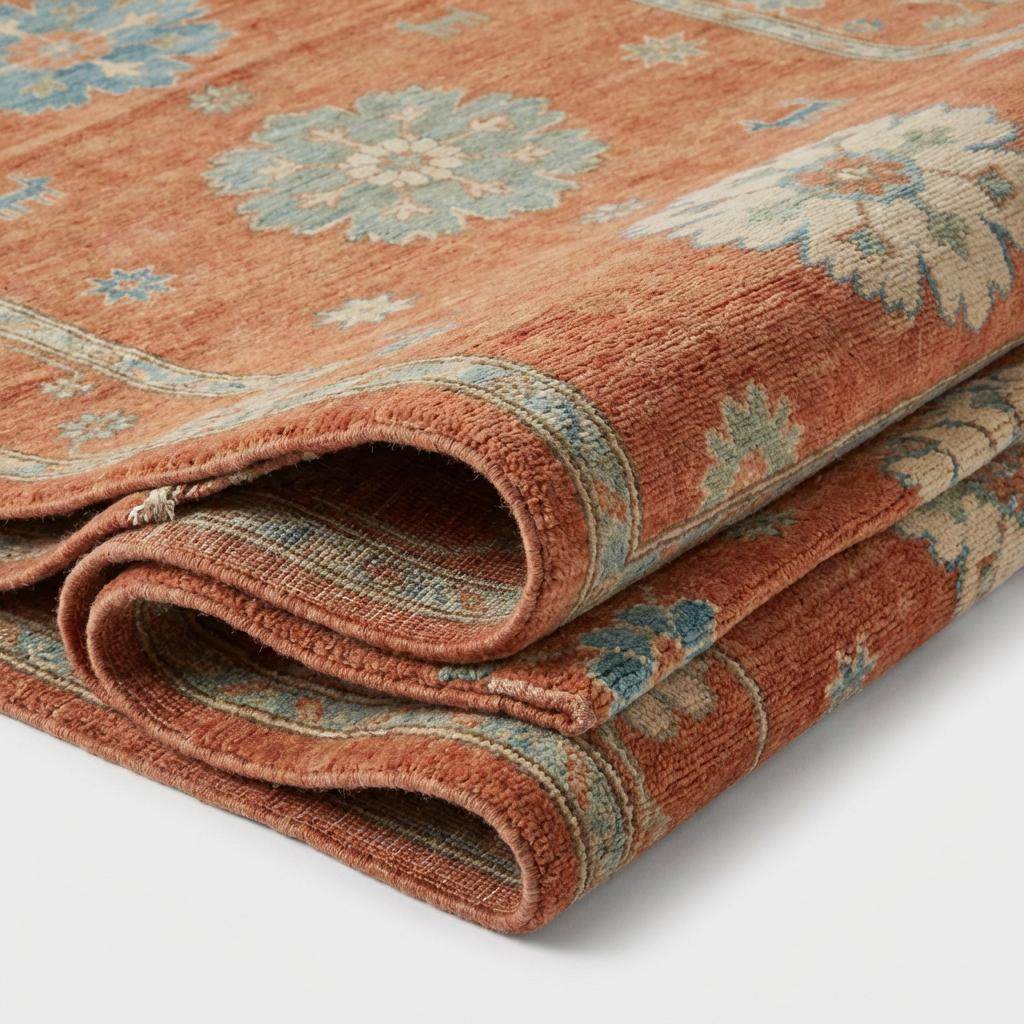 10x12 hand knotted Oushak rug in terracotta rust and blue wool with geometric floral pattern