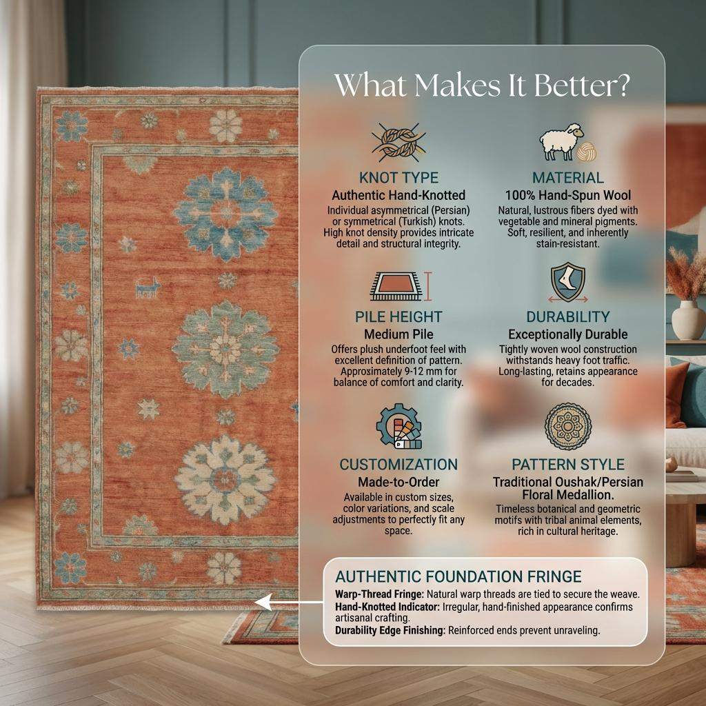 10x12 hand knotted Oushak rug in terracotta rust and blue wool with geometric floral pattern