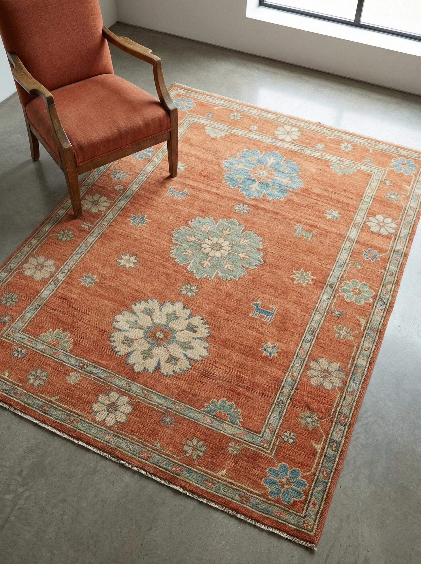 10x12 hand knotted Oushak rug with terracotta rust and blue wool, authentic Turkish design