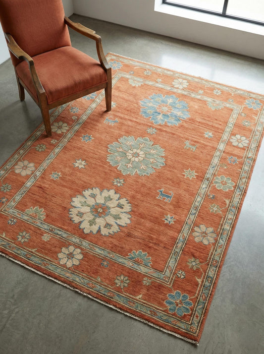Hand knotted Oushak rug with terracotta rust and blue wool, vintage Turkish carpet for living room and bedroom decor