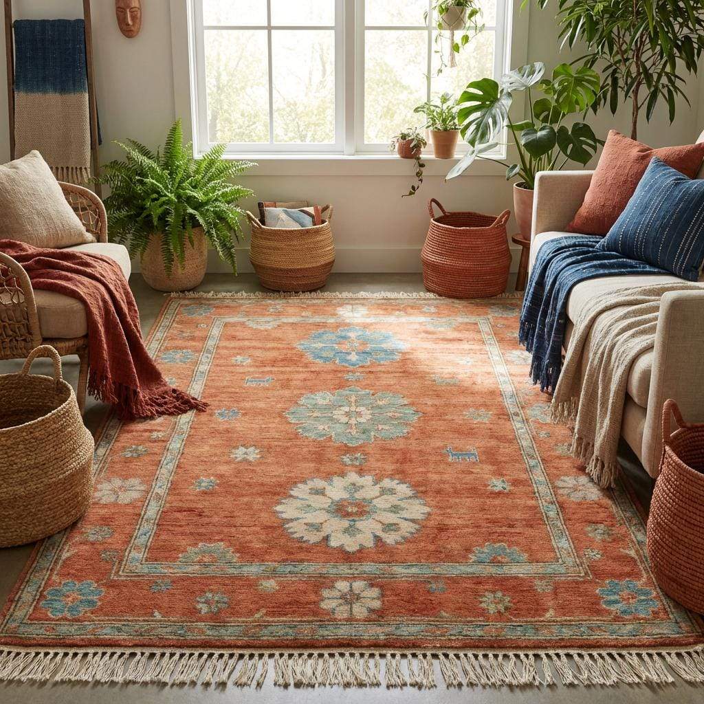 10x12 hand knotted Oushak rug in terracotta rust and blue wool with geometric floral pattern