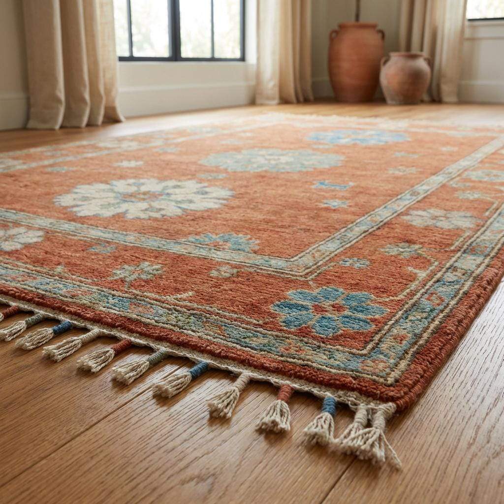 10x12 hand knotted Oushak rug in terracotta rust and blue wool with geometric floral pattern