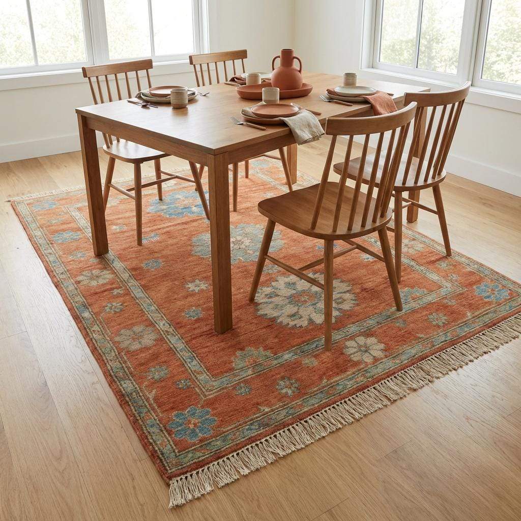 10x12 hand knotted Oushak rug with terracotta rust and blue wool featuring geometric floral design