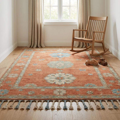 10x12 hand knotted Oushak rug with terracotta rust and blue wool area design