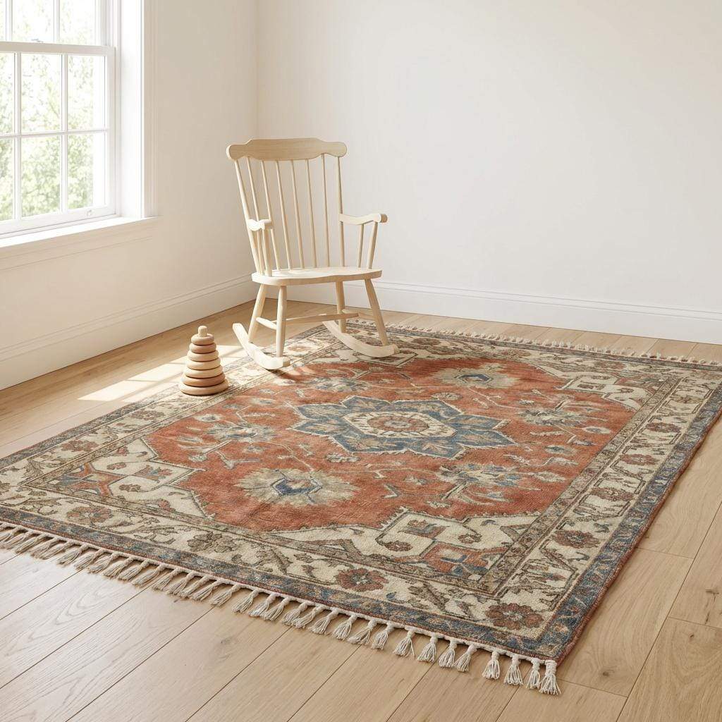 Hand knotted Oushak rug with vintage terracotta and blue medallion design on wool pile