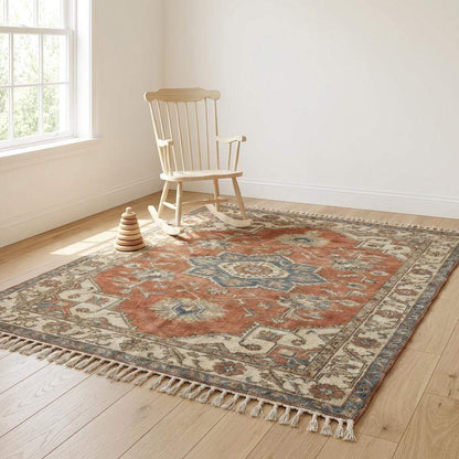 Hand knotted Oushak rug with vintage terracotta and blue medallion design on wool pile