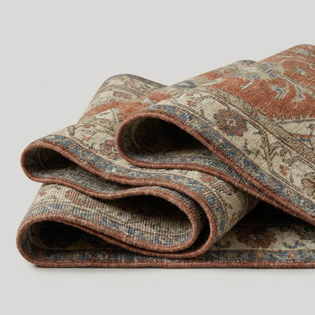 Hand knotted Oushak rug with vintage medallion design in muted terracotta and blue wool for living room or bedroom decor