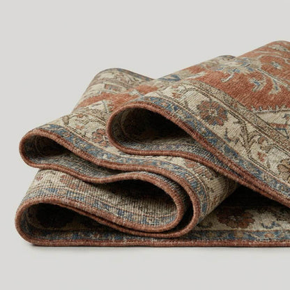 Hand knotted Oushak rug with vintage medallion design in muted terracotta and blue wool for living room or bedroom decor