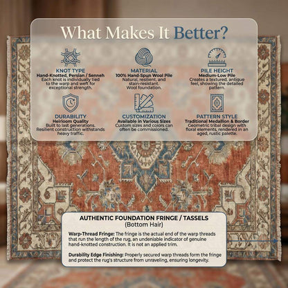 Hand knotted Oushak rug in muted terracotta and blue with vintage medallion design in wool pile