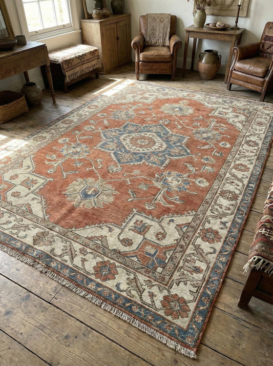 Hand knotted Oushak area rug with a muted terracotta and blue medallion pattern, laid on a wooden floor in a rustic living room setting.