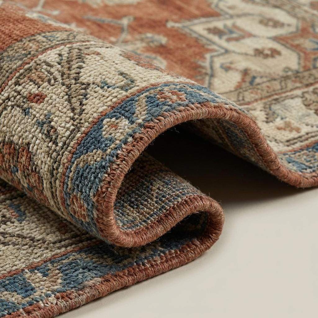 Hand knotted Oushak rug in muted terracotta and blue with vintage medallion design on wool pile