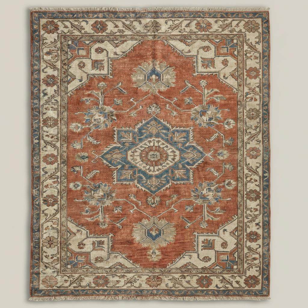 Hand knotted Oushak rug in muted terracotta and blue with vintage medallion design on wool area carpet