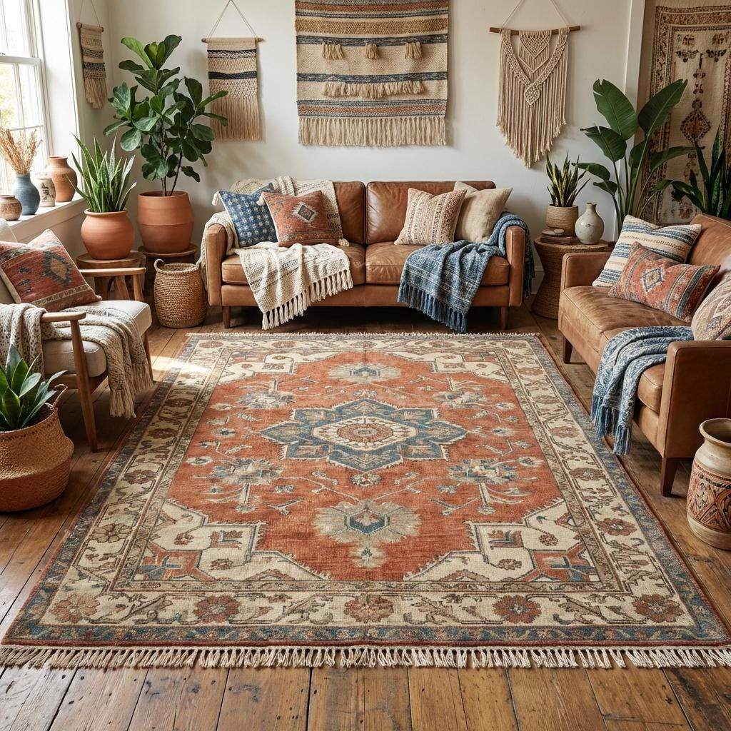 Hand knotted Oushak rug in muted terracotta and blue with vintage medallion design on wool pile