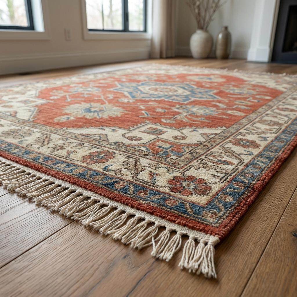 Hand knotted Oushak rug with vintage terracotta and blue medallion design, wool area rug for living room or bedroom