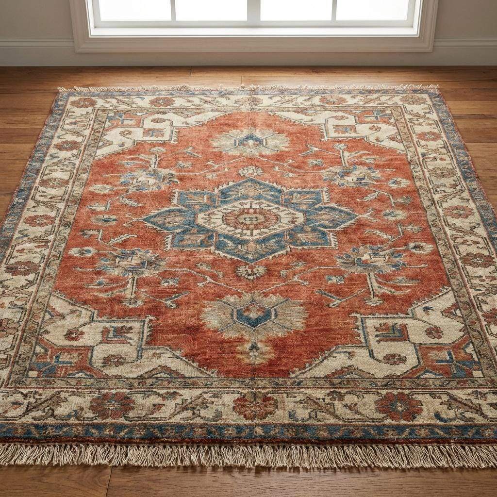 Hand knotted Oushak rug with muted terracotta and blue vintage medallion design in wool for living room or bedroom