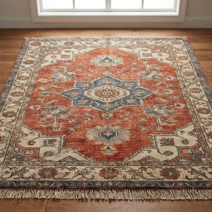 Hand knotted Oushak rug with muted terracotta and blue vintage medallion design in wool for living room or bedroom