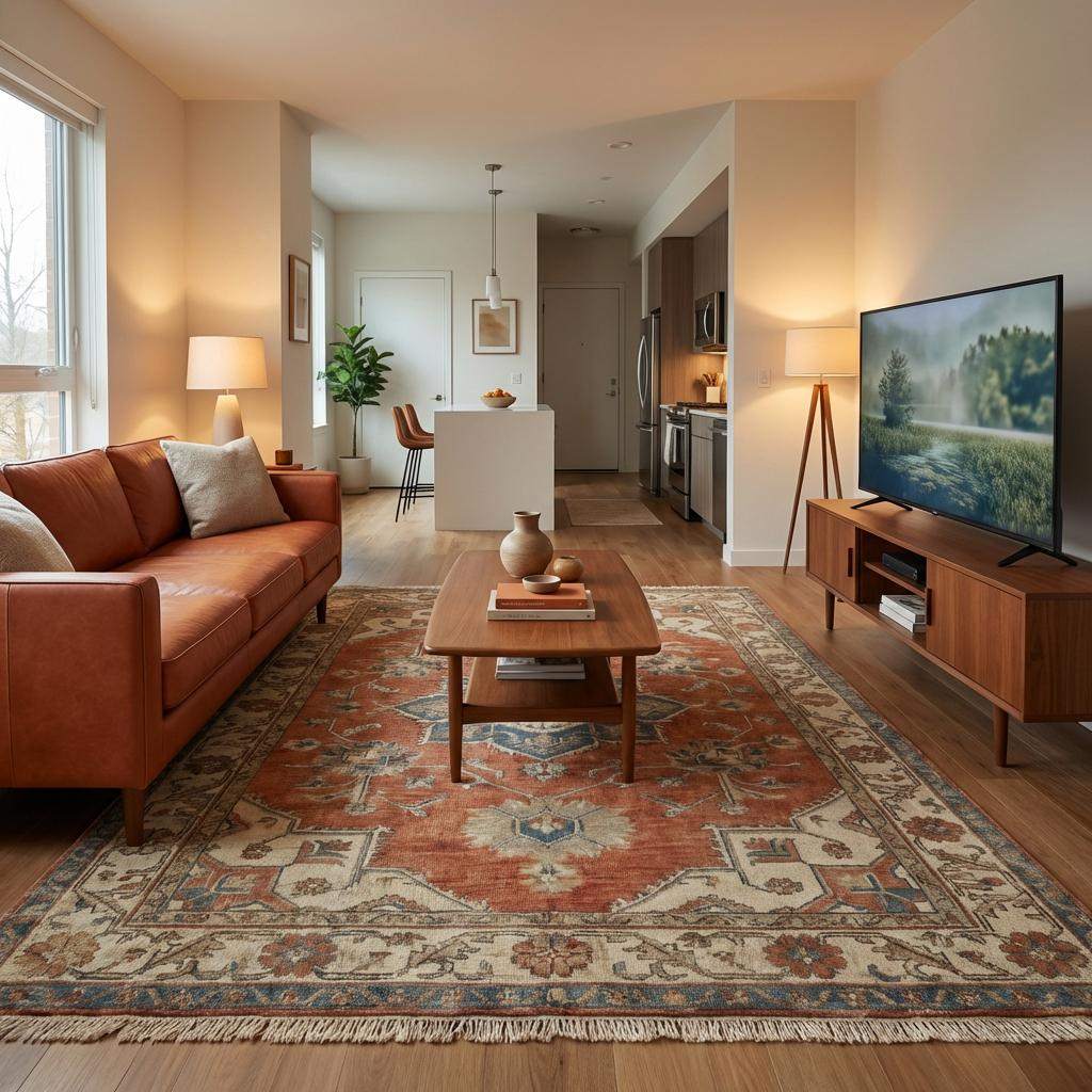 Hand knotted Oushak rug with vintage terracotta and blue medallion design in wool for living room or bedroom